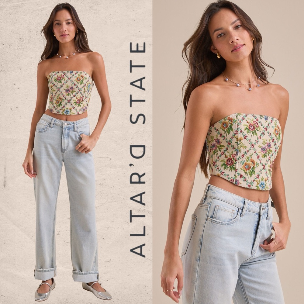 Altar’d State Demi Brocade Tie Back Corset Blue Satin Ribbon Lace-Up Strapless L